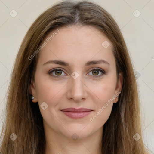 Joyful white young-adult female with long  brown hair and green eyes