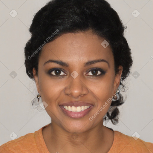 Joyful black young-adult female with medium  black hair and brown eyes