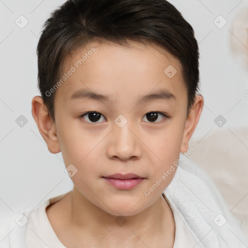 Joyful white child female with short  brown hair and brown eyes