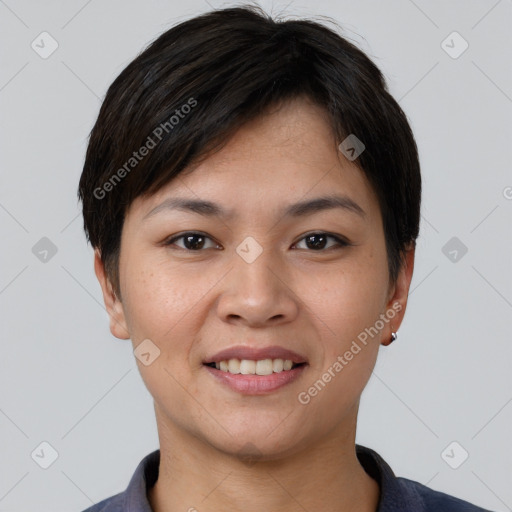 Joyful asian young-adult female with short  brown hair and brown eyes