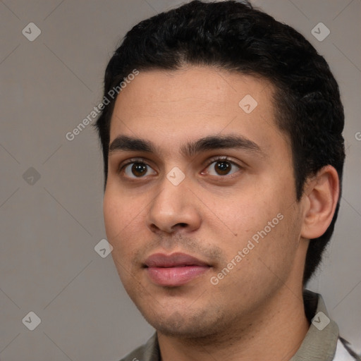 Neutral white young-adult male with short  black hair and brown eyes