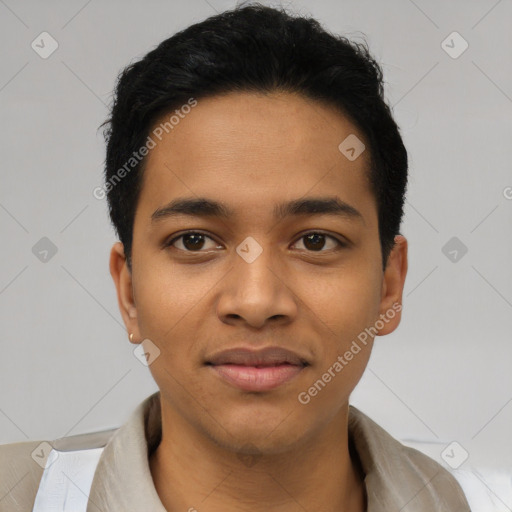 Joyful latino young-adult male with short  black hair and brown eyes