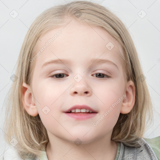 Joyful white child female with medium  brown hair and blue eyes