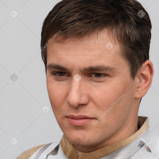 Neutral white adult male with short  brown hair and brown eyes