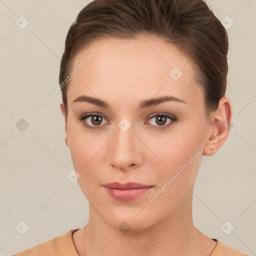 Neutral white young-adult female with short  brown hair and brown eyes