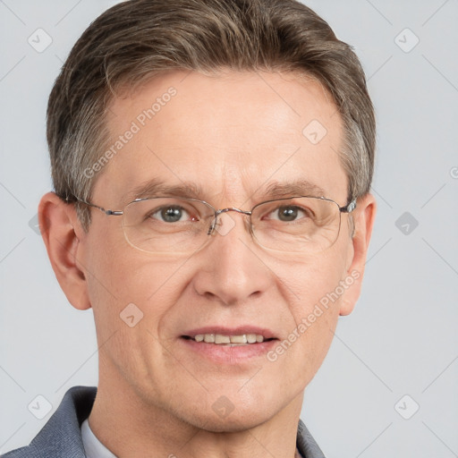 Joyful white adult male with short  brown hair and grey eyes