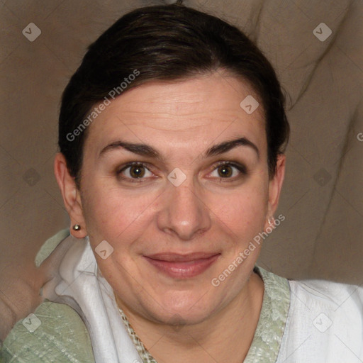 Joyful white adult female with short  brown hair and brown eyes