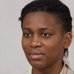 Neutral black young-adult female with short  brown hair and brown eyes