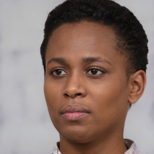 Neutral black young-adult female with short  black hair and brown eyes