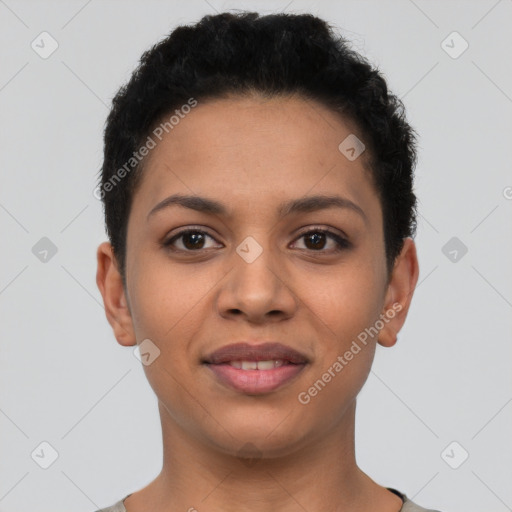 Joyful latino young-adult female with short  black hair and brown eyes