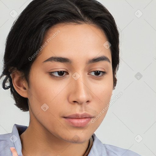 Neutral white young-adult female with medium  brown hair and brown eyes