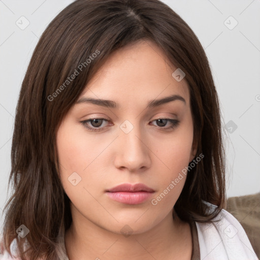 Neutral white young-adult female with medium  brown hair and brown eyes