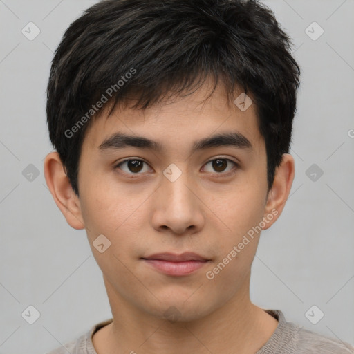 Neutral white young-adult male with short  black hair and brown eyes