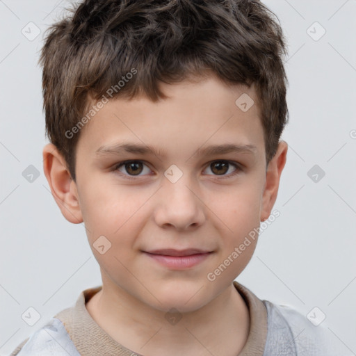 Joyful white child male with short  brown hair and brown eyes