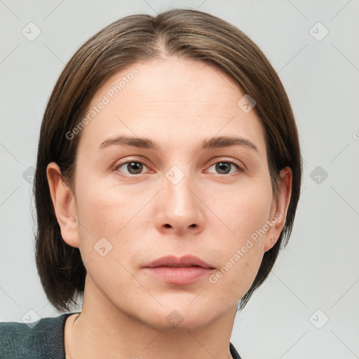 Neutral white young-adult female with medium  brown hair and grey eyes