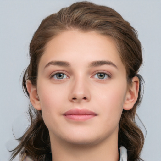 Neutral white young-adult female with medium  brown hair and grey eyes