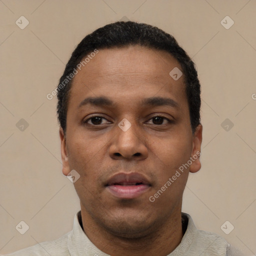 Neutral latino young-adult male with short  black hair and brown eyes