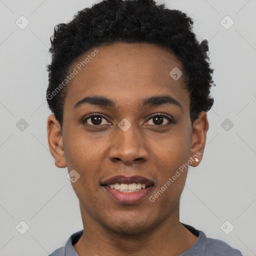 Joyful black young-adult male with short  black hair and brown eyes