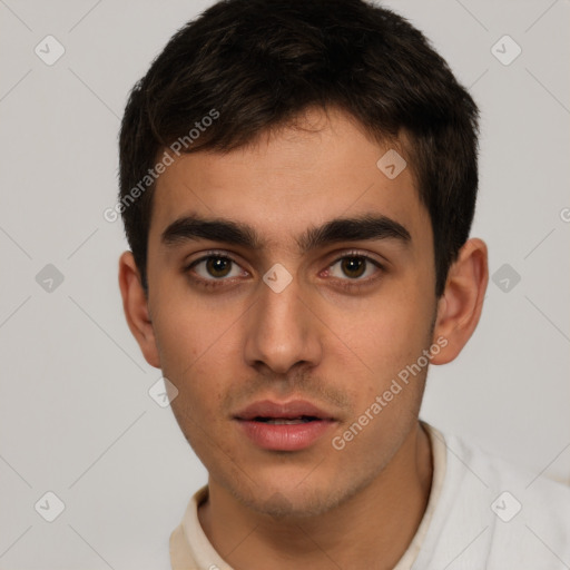 Neutral white young-adult male with short  brown hair and brown eyes