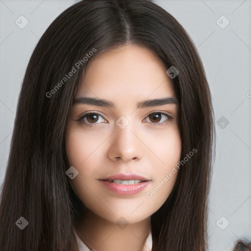 Neutral white young-adult female with long  brown hair and brown eyes