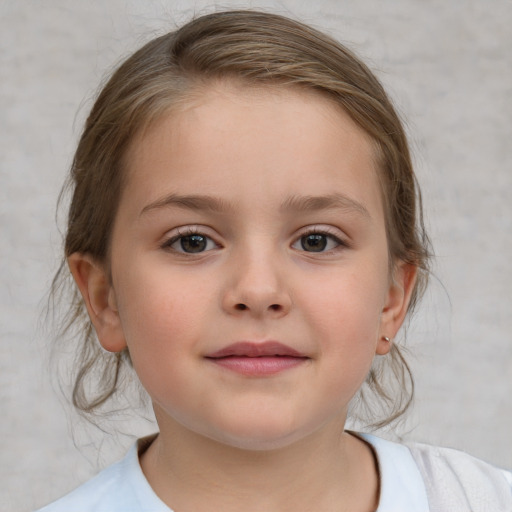 Joyful white child female with medium  brown hair and blue eyes