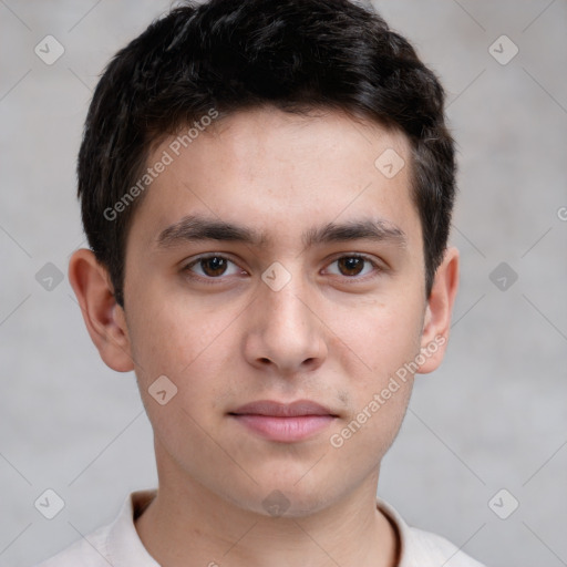 Neutral white young-adult male with short  brown hair and brown eyes