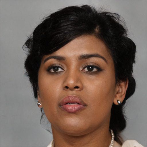 Neutral asian young-adult female with medium  black hair and brown eyes