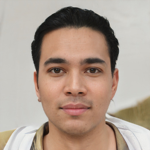 Neutral asian young-adult male with short  black hair and brown eyes