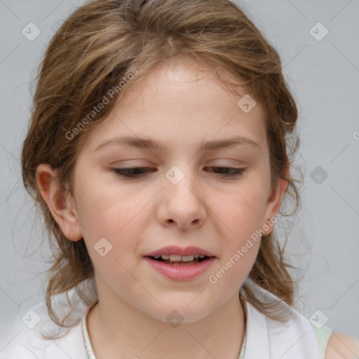 Joyful white child female with medium  brown hair and brown eyes