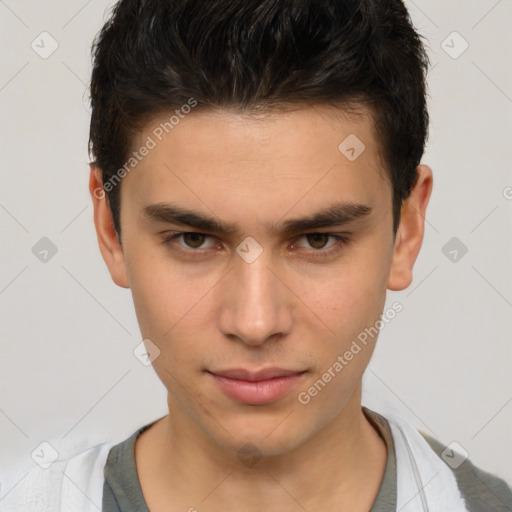 Neutral white young-adult male with short  brown hair and brown eyes