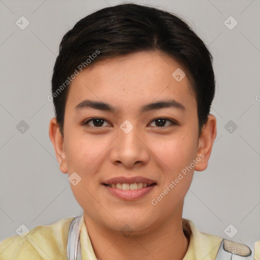 Joyful asian young-adult female with short  brown hair and brown eyes