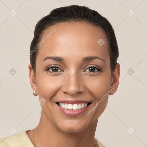 Joyful white young-adult female with short  brown hair and brown eyes