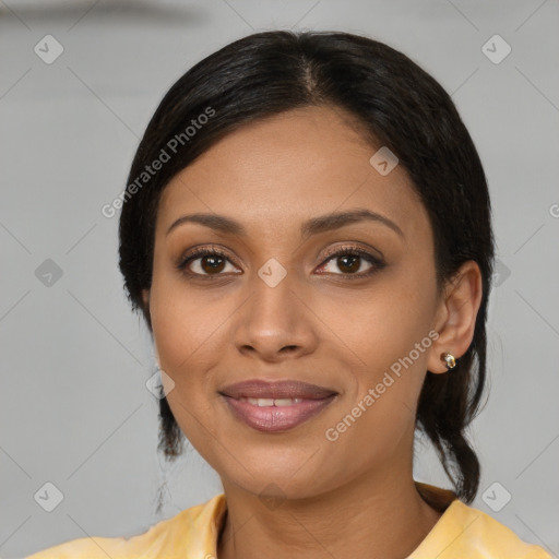 Joyful latino young-adult female with medium  black hair and brown eyes