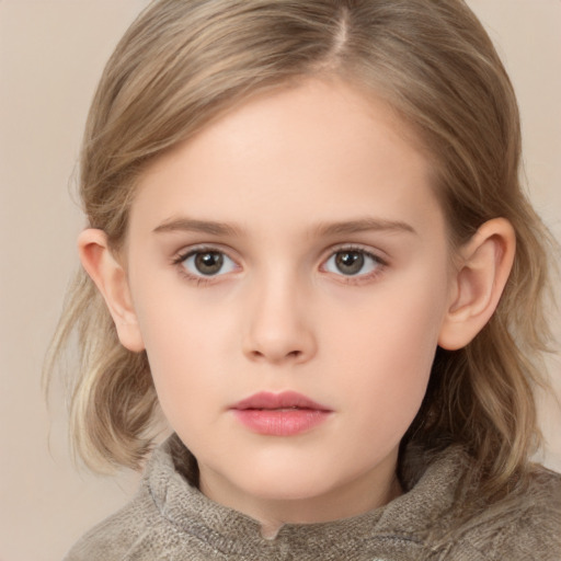 Neutral white child female with medium  brown hair and grey eyes