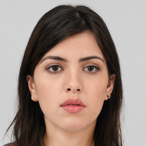 Neutral asian young-adult female with long  brown hair and brown eyes
