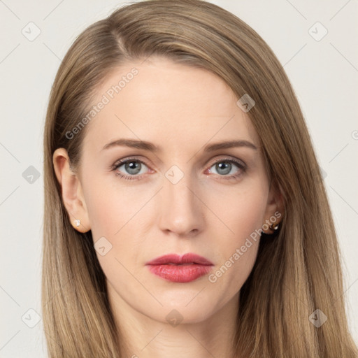 Neutral white young-adult female with long  brown hair and grey eyes