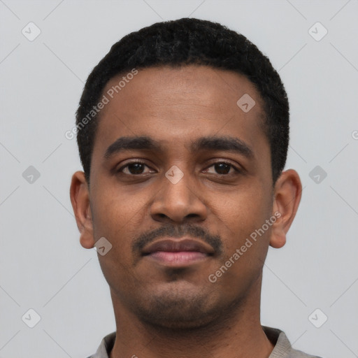Neutral black young-adult male with short  black hair and brown eyes