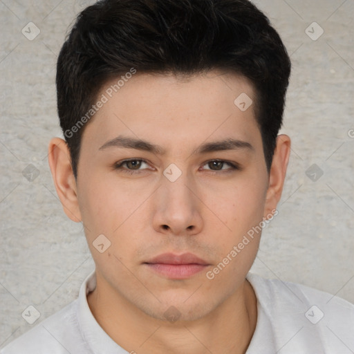 Neutral asian young-adult male with short  brown hair and brown eyes