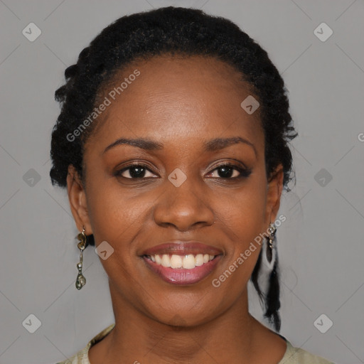 Joyful black young-adult female with medium  black hair and brown eyes