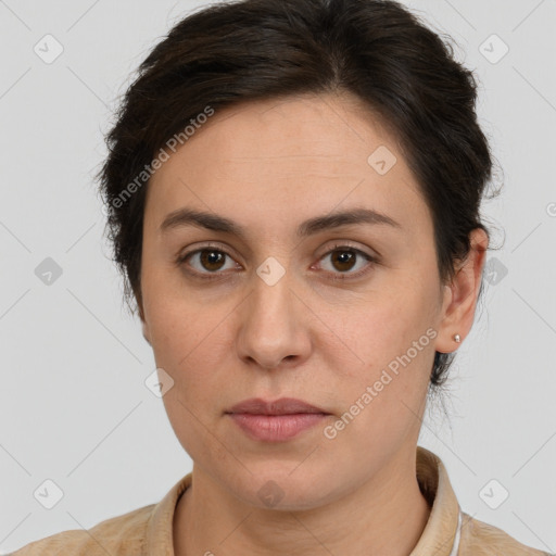 Neutral white young-adult female with medium  brown hair and brown eyes