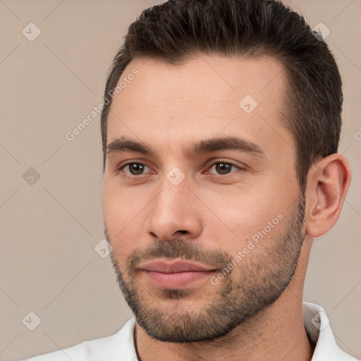 Neutral white young-adult male with short  brown hair and brown eyes