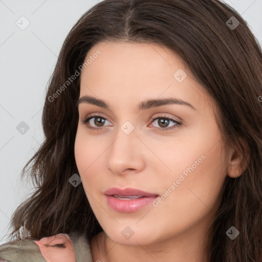 Neutral white young-adult female with long  brown hair and brown eyes