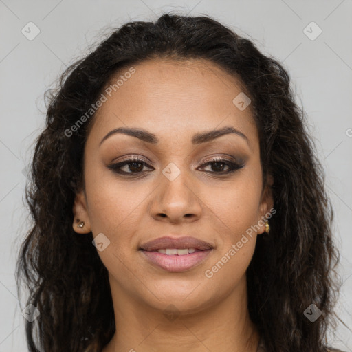 Joyful latino young-adult female with long  brown hair and brown eyes