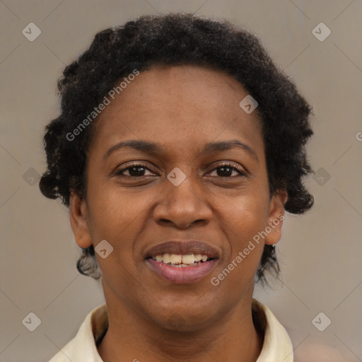 Joyful black adult female with short  brown hair and brown eyes