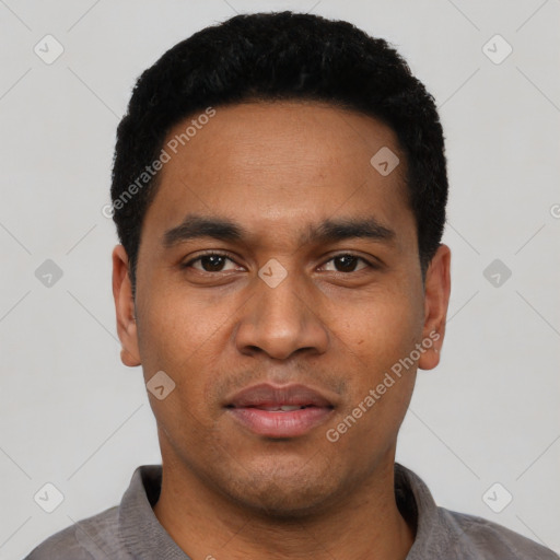 Neutral latino young-adult male with short  black hair and brown eyes