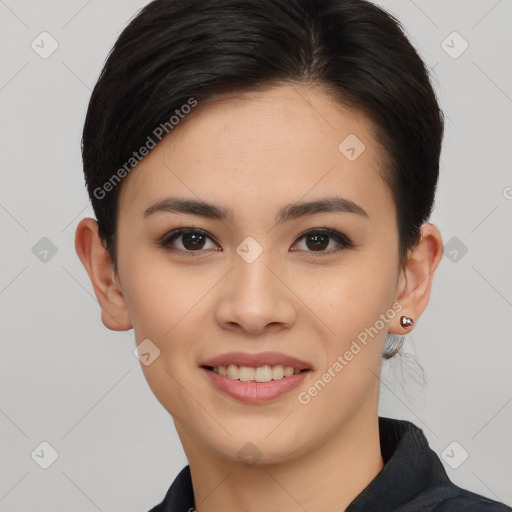 Joyful white young-adult female with medium  brown hair and brown eyes