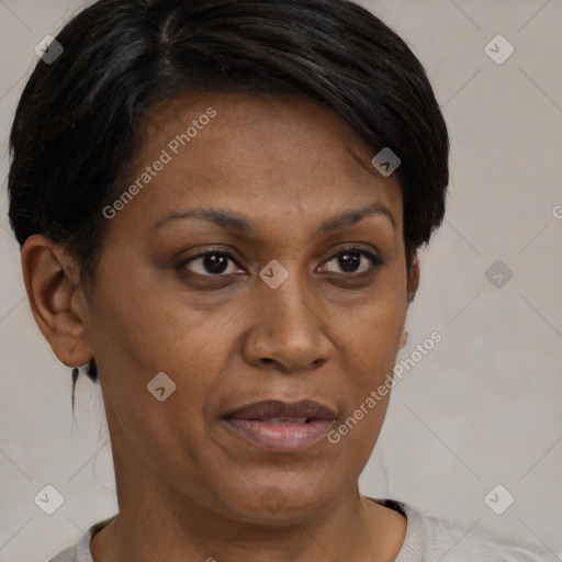 Joyful black adult female with short  brown hair and brown eyes