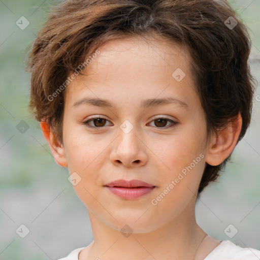 Joyful white child female with short  brown hair and brown eyes