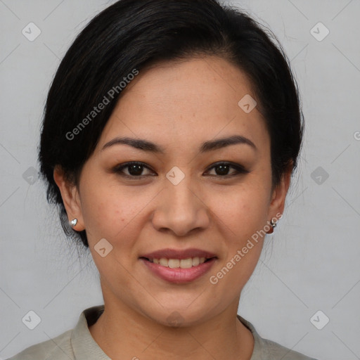 Joyful asian young-adult female with short  brown hair and brown eyes