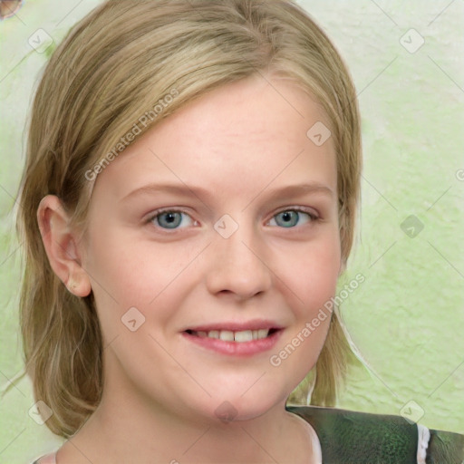 Joyful white young-adult female with medium  brown hair and green eyes